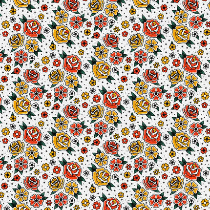 Quilting Cotton - Cotton - Timeless Tattoos - Flower Tattoos - White