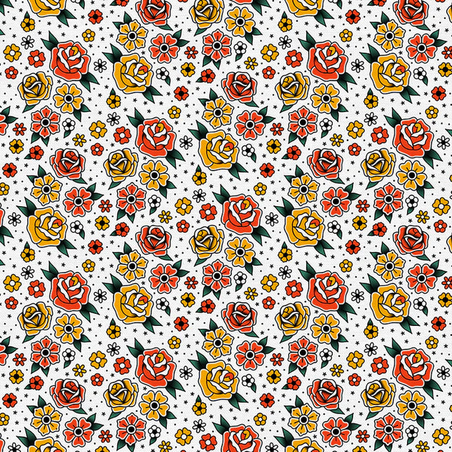 Quilting Cotton - Cotton - Timeless Tattoos - Flower Tattoos - White