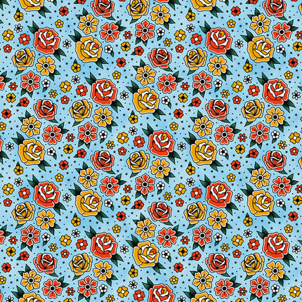 Quilting Cotton - Cotton - Timeless Tattoos - Flower Tattoos - Blue