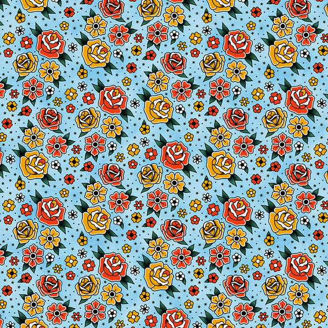 Quilting Cotton - Cotton - Timeless Tattoos - Flower Tattoos - Blue