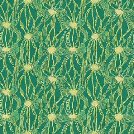 Quilting Cotton - Cotton - Floral Line Work - Chartreuse on Green