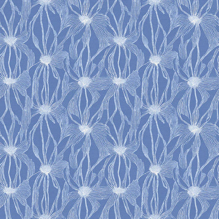 Double Gauze - Cotton - Floral Line Work - White on Blue
