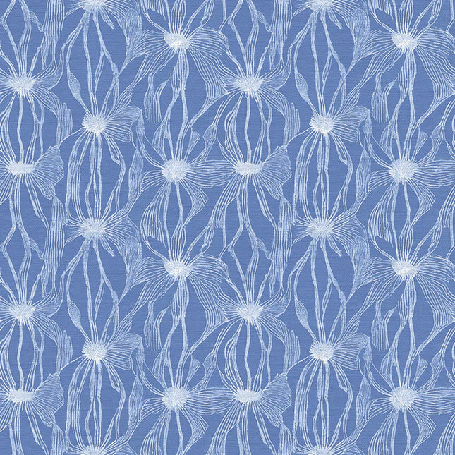 Double Gauze - Cotton - Floral Line Work - White on Blue