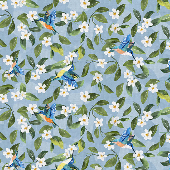 Sateen - Cotton - Italian Citrus - Hummingbirds - Blue