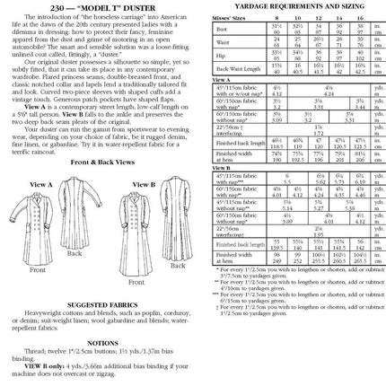 230 Model T Duster - Sewing Pattern